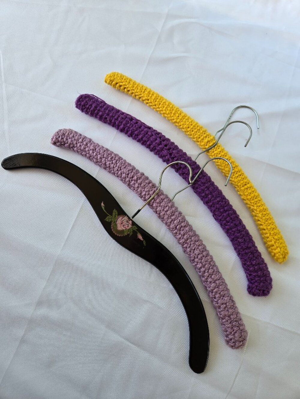 4 Vintage Clothes Hangers crochet covered & painted